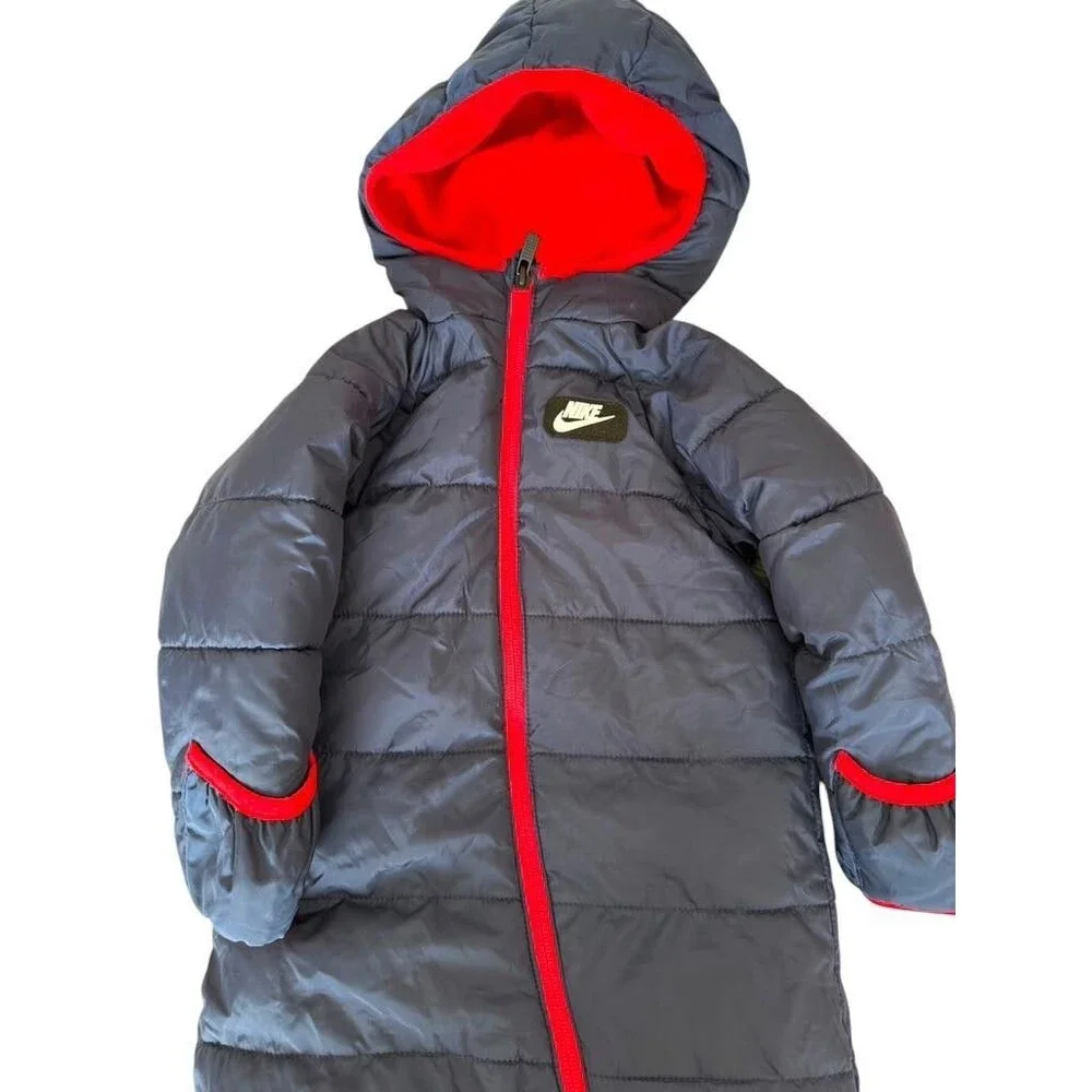 Nike Baby Puffer Snowsuit Hooded Jumpsuit Gray Red Size 9M